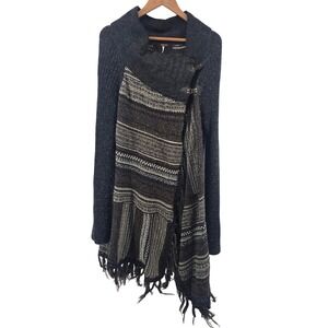 Free People Cardigan Women M Grey Brown Wool Blend Fringe Toggle Wrap Sweater